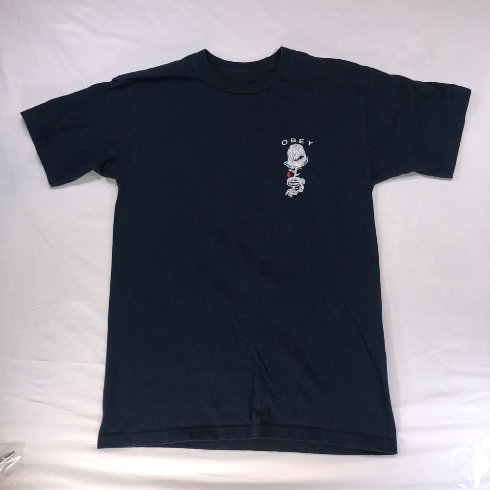 Obey Worldwide Rise Above Rose Graphic T-Shirt Navy Blue Small 100% Cotton